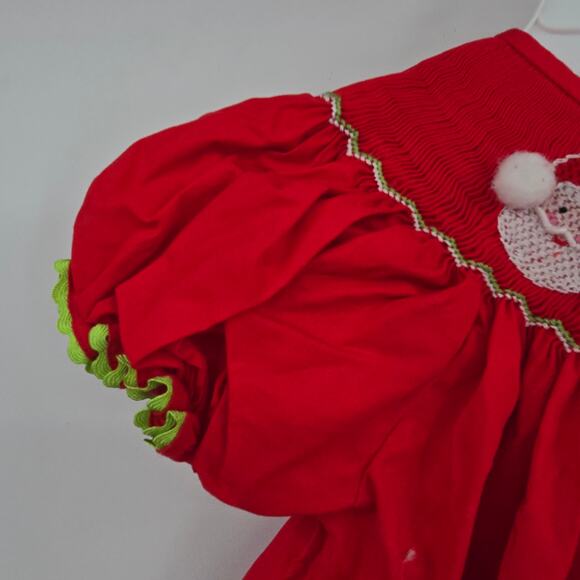 Smocked A Lot Vintage Baby Girl Santa Smocked Neck Ruffle Chevron Outfit 18M - Picture 6 of 9